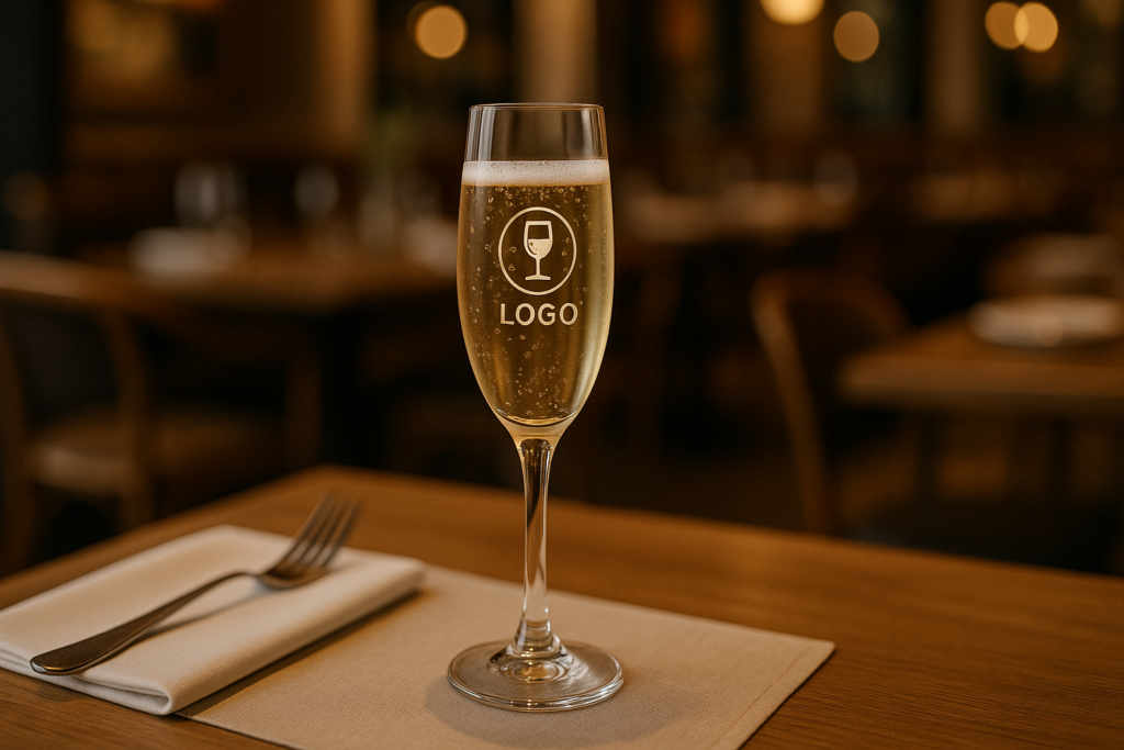 Bedruckter Sektkelch mit Logo auf Restauranttisch