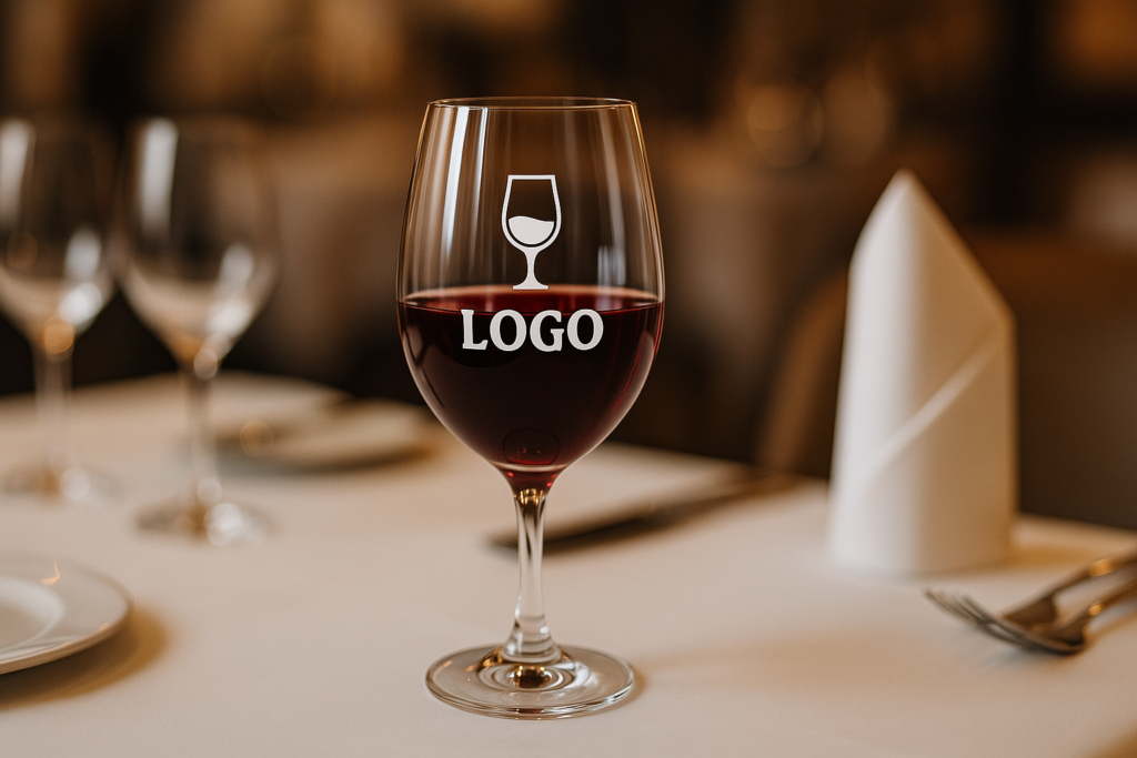 Bedrucktes Rotweinglas mit Logo im Restaurant