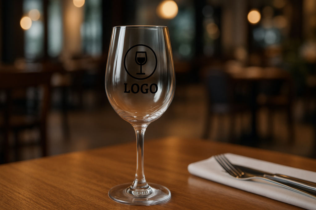 Weinglas mit Logo auf Restauranttisch